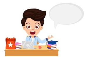 Happy cute kid boy character siting study desk studying with books and bag laptop with speech bubble vector