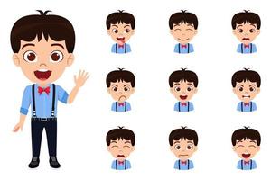 Happy cute beautiful kid boy character wearing business outfit with different emotions and facial expressions vector