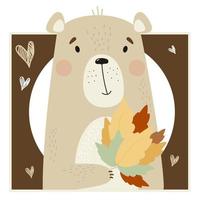 Portrait of cute bear with bouquet of autumn leaves on a decorative bright background vector