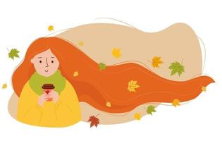 Girl with developing long hair with autumn leaves with coffee. Vector illustration