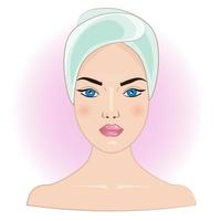 The concept of facial care. Vector illustration of the face of a young woman with a bare neck and a towel on her head.