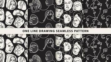 Continuous one line drawing woman face seamless pattern. Woman face line art vector