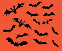 Bats Black Objects Signs Symbols Vector Illustration With Orange Background