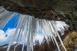 Stalactites in a cave in the mountains in spring photo