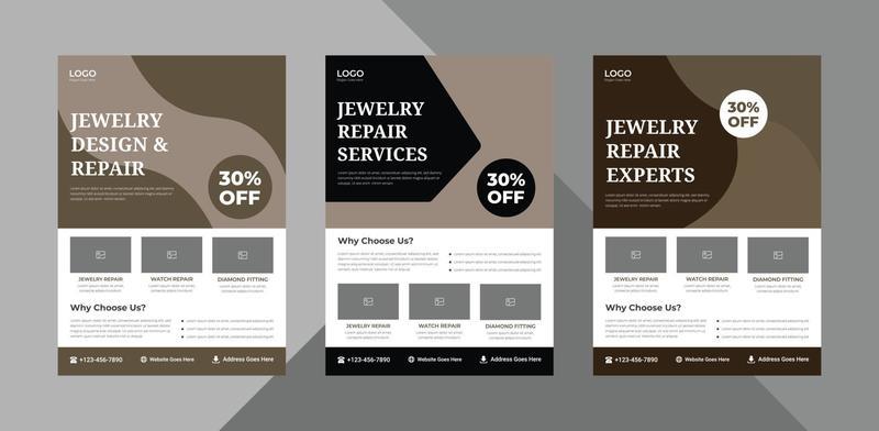 jewelry services flyer design template bundle. jewelry repair service poster leaflet design. bundle, 3 in 1, a4 template, brochure design, cover, flyer, poster, print-ready