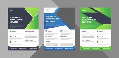 software development service flyer template bundle. software agency poster leaflet 3 in 1 design. bundle, 3 in 1, a4 template, brochure design, cover, flyer, poster, print-ready vector