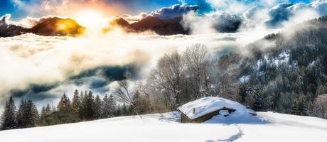 Panoramic landscape of hermitage isolated in the snow photo