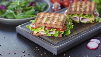 Delicious crisp sandwich with toast, radish, pumpkin seeds and flax seeds video