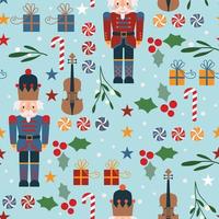 Patrón de Navidad sin fisuras con violín de bayas de cascanueces sobre fondo azul. vector