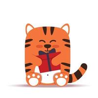 Cute little orange tiger cat in a flat style. An animal with balloons sits with a gift in a box. Happy birthday and holiday greetings. For banner, nursery, decor. Vector hand drawn illustration.