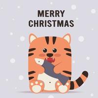 Cute little tiger character in flat style. Zodiac symbol of the Chinese New Year 2022. Merry Christmas. For banner, postcard, brochure decor template. Vector illustration.