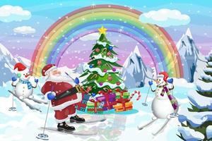 árbol de navidad, santa, y, muñeco de nieve, esquí, invierno, tiempo, plano de fondo vector
