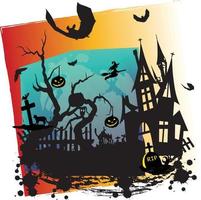 Witch  Haunted House  Pumpkins and Bats vector