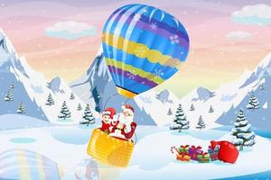 Hot Air balloon Christmas Santa and elf Winter time vector