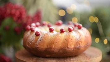 Traditional Christmas cranberry pie. Preparation of the festive table for the celebration of Christmas