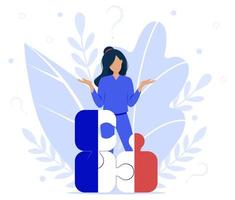 Confused student with questions. Puzzles with french flag. Learning concept. Language courses, school. French language. French flag.Online education. easy learning vector