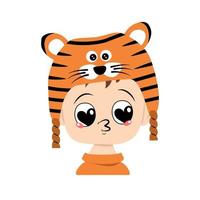 Avatar of boy with big heart eyes and kiss lips in tiger hat. Cute kid with joyful face in festive costume for New Year, Christmas and holiday. Head of adorable child with happy emotions vector