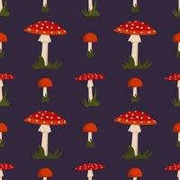 Seamless pattern with amanita mushroom with red hat and white dots and grass on dark background. Bright fly agaric print vector