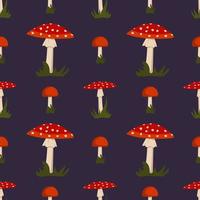 Seamless pattern with amanita mushroom with red hat and white dots and grass on dark background. Bright fly agaric print vector