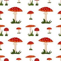 Seamless pattern with amanita mushroom with red hat and white dots and grass. Bright fly agaric print vector