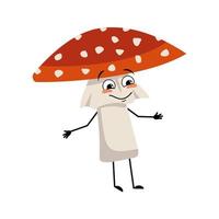 lindo personaje de amanita con emociones alegres, cara sonriente, ojos felices, brazos y piernas. Hongo agárico de mosca del bosque con expresión amable vector