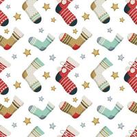Seamless pattern with socks, stars and different print. Winter trendy background of clothing items, gift wrapping, postcards for Christmas or New year vector