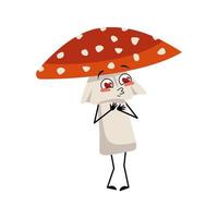 Cute amanita character falls in love with eyes hearts, kiss face, arms and legs. Fly Agaric Mushroom from forest with kind expression vector