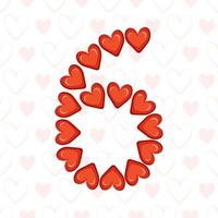 Number six from red hearts on seamless pattern with love symbol. Festive font or decoration for valentine day, wedding, holiday and design vector