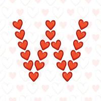Letra w de corazones rojos en patrones sin fisuras con símbolo de amor. Fuente festiva o decoración para el día de San Valentín, bodas, vacaciones y diseño. vector