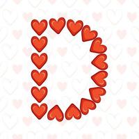 Letra d de corazones rojos en patrones sin fisuras con símbolo de amor. Fuente festiva o decoración para el día de San Valentín, bodas, vacaciones y diseño. vector