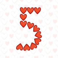 Number five from red hearts on seamless pattern with love symbol. Festive font or decoration for valentine day, wedding, holiday and design vector