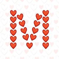 Letter M from red hearts on seamless pattern with love symbol. Festive font or decoration for valentine day, wedding, holiday and design vector