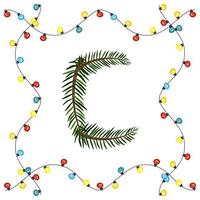 Letter C from green Christmas tree branches. Festive font and frame from garland, symbol of happy New Year and Christmas, sign from alphabet vector