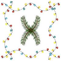 Letter X from green Christmas tree branches. Festive font and frame from garland, symbol of happy New Year and Christmas, sign from alphabet vector