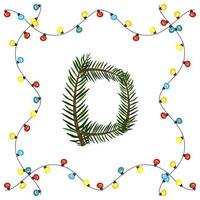 Letter D from green Christmas tree branches. Festive font and frame from garland, symbol of happy New Year and Christmas, sign from alphabet vector