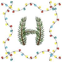 Letter H from green Christmas tree branches. Festive font and frame from garland, symbol of happy New Year and Christmas, sign from alphabet vector