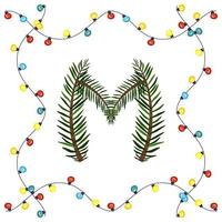 Letter M from green Christmas tree branches. Festive font and frame from garland, symbol of happy New Year and Christmas, sign from alphabet vector