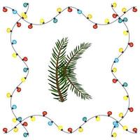 Letter K from green Christmas tree branches. Festive font and frame from garland, symbol of happy New Year and Christmas, sign from alphabet vector