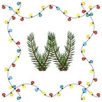 Letter W from green Christmas tree branches. Festive font and frame from garland, symbol of happy New Year and Christmas, sign from alphabet vector