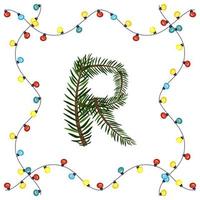 Letter R from green Christmas tree branches. Festive font and frame from garland, symbol of happy New Year and Christmas, sign from alphabet vector