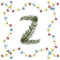 Letter Z from green Christmas tree branches. Festive font and frame from garland, symbol of happy New Year and Christmas, sign from alphabet vector