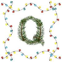 Letter Q from green Christmas tree branches. Festive font and frame from garland, symbol of happy New Year and Christmas, sign from alphabet vector