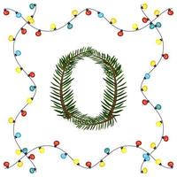 Letter O from green Christmas tree branches. Festive font and frame from garland, symbol of happy New Year and Christmas, sign from alphabet vector