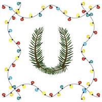 Letter U from green Christmas tree branches. Festive font and frame from garland, symbol of happy New Year and Christmas, sign from alphabet vector