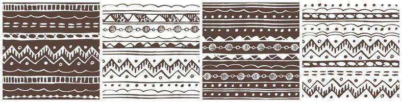 Collection of hand drawn doodle seamless patterns backgrounds with abstract elements zigzag lines, dots, triangles. Brown white  fall winter Merry Christmas and Happy New Year colors vector