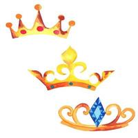 set of gold crown with rust. Watercolor of the crown of monarchy with blue ornaments and curlicues vector