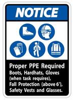 Notice Sign Proper PPE Required Boots, Hardhats, Gloves When Task Requires Fall Protection With PPE Symbols vector