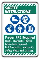 Safety Instructions Sign Proper PPE Required Boots, Hardhats, Gloves When Task Requires Fall Protection With PPE Symbols vector