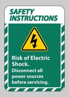 Instrucciones de seguridad riesgo de descarga eléctrica símbolo signo aislar sobre fondo blanco. vector