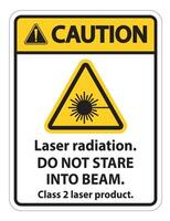 Precaución con la radiación láser, no mire fijamente al rayo, signo de producto láser de clase 2 sobre fondo blanco. vector